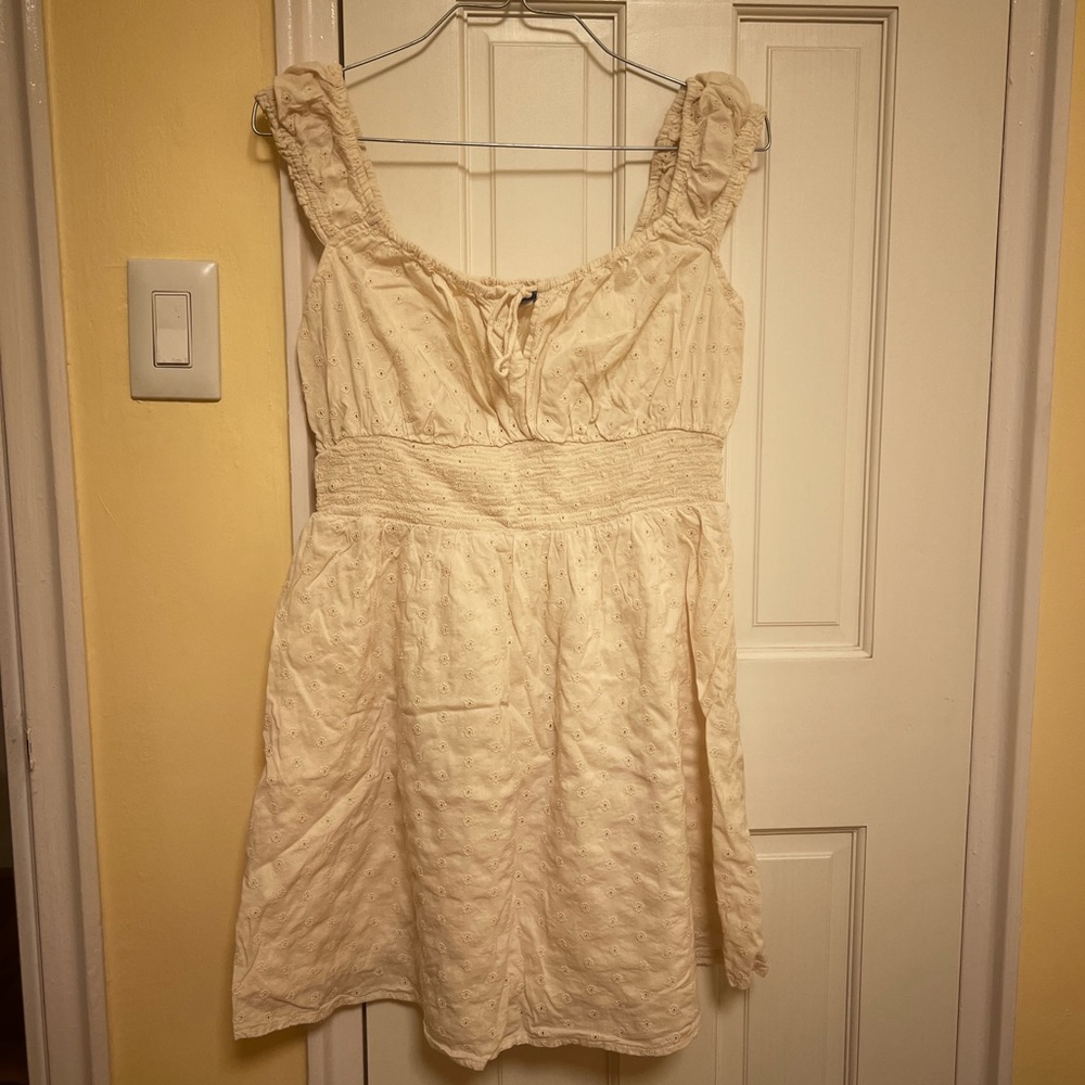 Waist-defined Cream Eyelet Dress